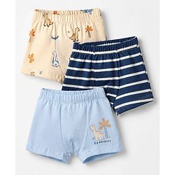 Babyhug 100% Cotton Single Jersey Knit Briefs with Striped & Dino Print Pack of 3 in Navy Blue & Cream