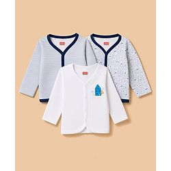Babyhug 100% Cotton Knit Full Sleeves Striped & Printed Jhablas Pack of 3 - Navy Blue & White