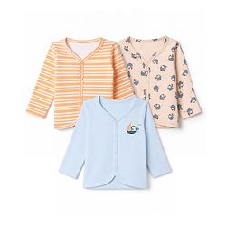 Babyhug 100% Cotton Knit Full Sleeves Striped Front Open Jhablas With Boat Print Pack of 3 - Light Blue, Orange & Peach