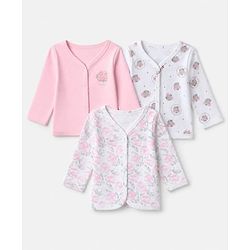 Babyhug 100% Cotton Knit Full Sleeves Floral Printed Jhablas Pack of 3 - Pink & White