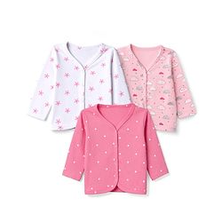 Babyhug 100% Cotton Interlock Knit Full Sleeves Front Open Jhablas With Polka Dot, Cloud & Floral Print Pack of 3 - Pink, Light Pink & White
