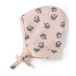 Babyhug 100% Cotton Interlock Knit Striped Baby Caps with Penguin in Boat Print Pack of 2 Blue & Light Pink - Diameter 9 cm