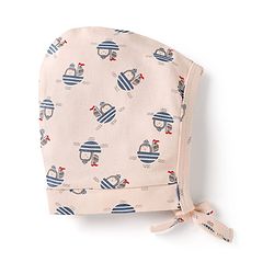 Babyhug 100% Cotton Interlock Knit Striped Baby Caps with Penguin in Boat Print Pack of 2 Blue & Light Pink - Diameter 9 cm