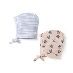 Babyhug 100% Cotton Interlock Knit Striped Baby Caps with Penguin in Boat Print Pack of 2 Blue & Light Pink - Diameter 9 cm