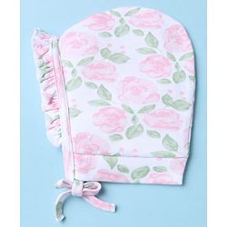 Babyhug 100% Cotton Interlock Knit Caps With Animal & Floral Print Pack of 2 White - Diameter 14 cm
