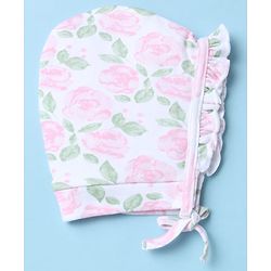 Babyhug 100% Cotton Interlock Knit Caps With Animal & Floral Print Pack of 2 White - Diameter 14 cm