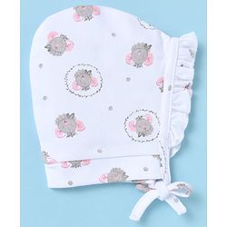 Babyhug 100% Cotton Interlock Knit Caps With Animal & Floral Print Pack of 2 White - Diameter 14 cm