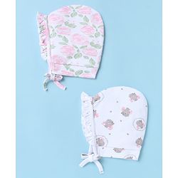 Babyhug 100% Cotton Interlock Knit Caps With Animal & Floral Print Pack of 2 White - Diameter 14 cm