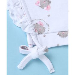 Babyhug 100% Cotton Interlock Knit Caps With Animal & Floral Print Pack of 2 White - Diameter 14 cm