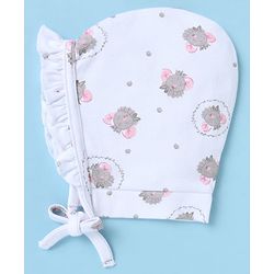 Babyhug 100% Cotton Interlock Knit Caps With Animal & Floral Print Pack of 2 White - Diameter 14 cm