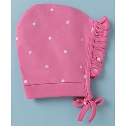 Babyhug 100% Cotton Interlock Knit Baby Caps With Polka Dot & Floral Print Pack of 2 Pink White - Diameter 22 cm