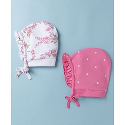 Babyhug 100% Cotton Interlock Knit Baby Caps With Polka Dot & Floral Print Pack of 2 Pink White - Diameter 22 cm