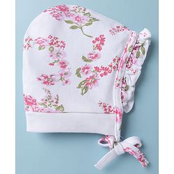 Babyhug 100% Cotton Interlock Knit Baby Caps With Polka Dot & Floral Print Pack of 2 Pink White - Diameter 22 cm