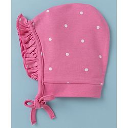 Babyhug 100% Cotton Interlock Knit Baby Caps With Polka Dot & Floral Print Pack of 2 Pink White - Diameter 22 cm