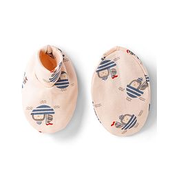 Babyhug 100% Cotton Interlock Knit Cap , Mittens & Booties with Penguin in Boat Print Light Pink - Diameter 8 cm