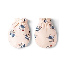 Babyhug 100% Cotton Interlock Knit Cap , Mittens & Booties with Penguin in Boat Print Light Pink - Diameter 8 cm