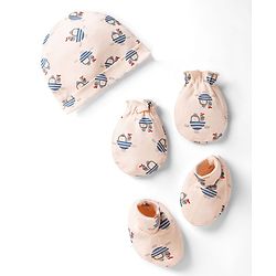 Babyhug 100% Cotton Interlock Knit Cap , Mittens & Booties with Penguin in Boat Print Light Pink - Diameter 8 cm