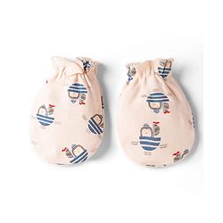 Babyhug 100% Cotton Interlock Knit Cap , Mittens & Booties with Penguin in Boat Print Light Pink - Diameter 8 cm