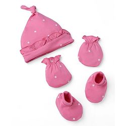 Babyhug 100% Cotton Interlock Knit Polka Dot Printed Cap Mittens & Booties Set Pink Diameter - 10 cm