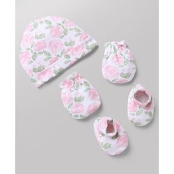 Babyhug 100% Cotton Interlock Knit Floral Printed Cap Mittens & Booties Set White - Diameter 11 Cm