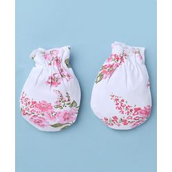 Babyhug 100% Cotton Interlock Knit Floral Printed Cap Mittens & Booties Set White Diameter - 16 cm