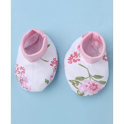Babyhug 100% Cotton Interlock Knit Floral Printed Cap Mittens & Booties Set White Diameter - 16 cm