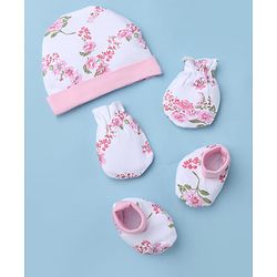 Babyhug 100% Cotton Interlock Knit Floral Printed Cap Mittens & Booties Set White Diameter - 16 cm