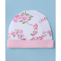 Babyhug 100% Cotton Interlock Knit Floral Printed Cap Mittens & Booties Set White Diameter - 16 cm