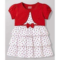 Babyhug Single Jersey Knit Half Sleeves Heart Printed Frock with Shrug - White