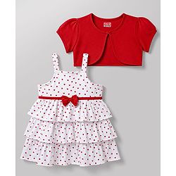 Babyhug Single Jersey Knit Half Sleeves Heart Printed Frock with Shrug - White