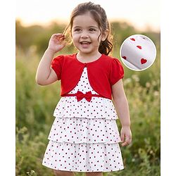 Babyhug Single Jersey Knit Half Sleeves Heart Printed Frock with Shrug - White