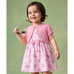 Babyhug Single Jersey Knit Floral Printed Frock with Half Sleeves Shrug & Bow - Pink
