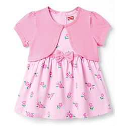 Babyhug Single Jersey Knit Floral Printed Frock with Half Sleeves Shrug & Bow - Pink