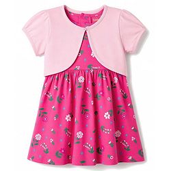 Babyhug Single Jersey Knit Frock and Shrug with Half Sleeves and Floral Print - Pink