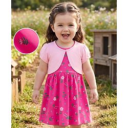 Babyhug Single Jersey Knit Frock and Shrug with Half Sleeves and Floral Print - Pink