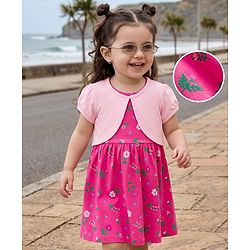 Babyhug Single Jersey Knit Frock and Shrug with Half Sleeves and Floral Print - Pink