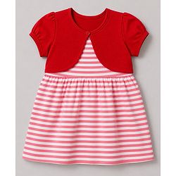 Babyhug Cotton Knit  Half Sleeves  Striped Frock with Shrug - Pink