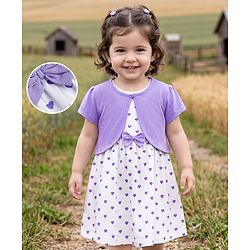 Babyhug Cotton Knit Frock and Shrug with Half Sleeves and Hearts Print in White