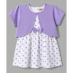 Babyhug Cotton Knit Frock and Shrug with Half Sleeves and Hearts Print in White