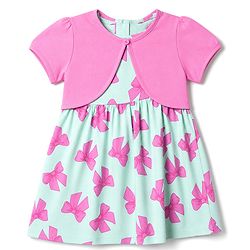 Babyhug Single Jersey Knit Half Sleeves Bow Printed Frock With Shrug - Pink