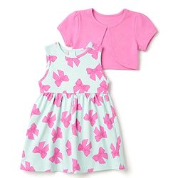 Babyhug Single Jersey Knit Half Sleeves Bow Printed Frock With Shrug - Pink