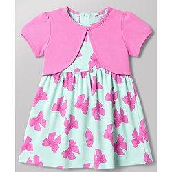 Babyhug Single Jersey Knit Half Sleeves Bow Printed Frock With Shrug - Pink