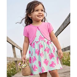 Babyhug Single Jersey Knit Half Sleeves Bow Printed Frock With Shrug - Pink