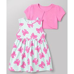 Babyhug Single Jersey Knit Half Sleeves Bow Printed Frock With Shrug - Pink