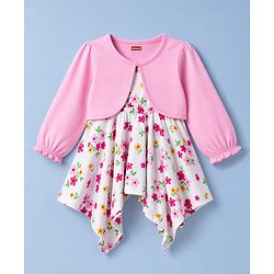 Babyhug Single Jersey Knit Full Sleeves Shrug With Floral Printed Frock - White