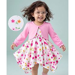 Babyhug Single Jersey Knit Full Sleeves Shrug With Floral Printed Frock - White
