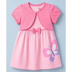 Babyhug Single Jersey Knit Frock & Half Sleeves Shrug with Butterfly Print - Pink