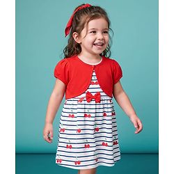 Babyhug Single Jersey Knit Half Sleeves Cherry Printed Frock with Shrug & Bow Applique  - White