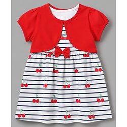 Babyhug Single Jersey Knit Half Sleeves Cherry Printed Frock with Shrug & Bow Applique  - White