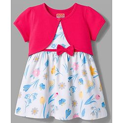Babyhug Single Jersey Knit Half Sleeves Floral Printed & Bow Applique Frock With Shrug - White